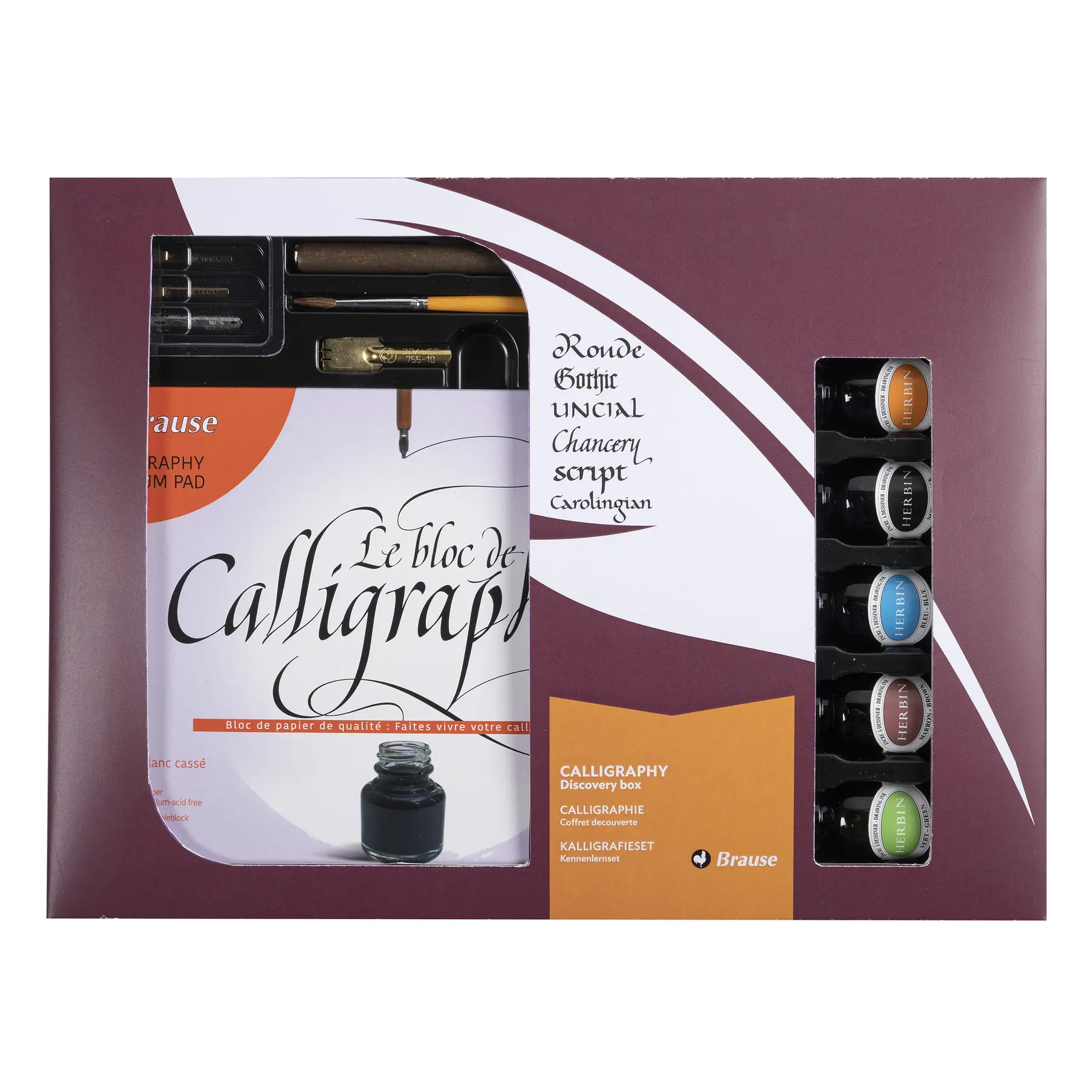 Kit calligraphie avec 5 encres, 4 plumes, 1 porte-plume en bois, 1 pinceau et 1 bloc de calligraphie A5 Brause